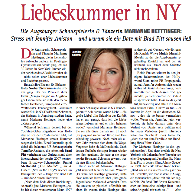 Marianne Hettinger, Jennifer Aniston, AJ magazine